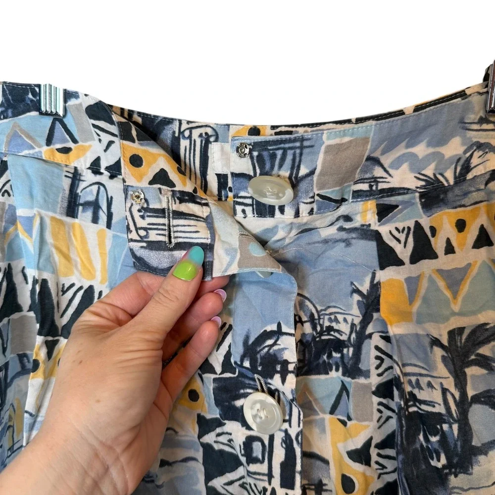 Feneuve Design Cotton Travel Motif Print Midi A-Line Button Skirt sz 40 / US 2